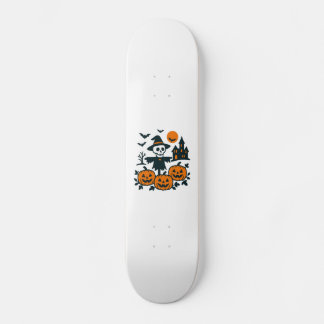 Spooky skeleton scarecrow and haunted house night skateboard