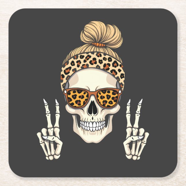 Spooky Skeleton Skull Leopard Halloween Mom  Square Paper Coaster (Front)