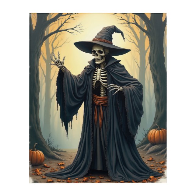 Spooky Skeleton Witch in Haunted Forest Halloween  Acrylic Print (Front)