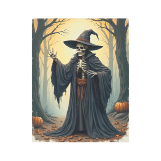 Spooky Skeleton Witch in Haunted Forest Halloween Metal Print