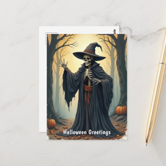 Spooky Skeleton Witch in Haunted Forest Halloween  Postcard (Front/Back In Situ)