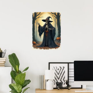 Spooky Skeleton Witch in Haunted Forest Halloween Poster