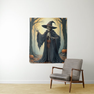 Spooky Skeleton Witch in Haunted Forest Halloween Tapestry