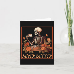 Spooky Skeleton With Coffee And Flowers Halloween Card