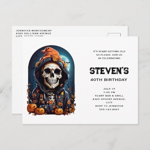 Spooky Skeleton with Evil Pumpkins Birthday Invitation Postcard