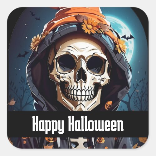 Spooky Skeleton with Evil Pumpkins Halloween Square Sticker
