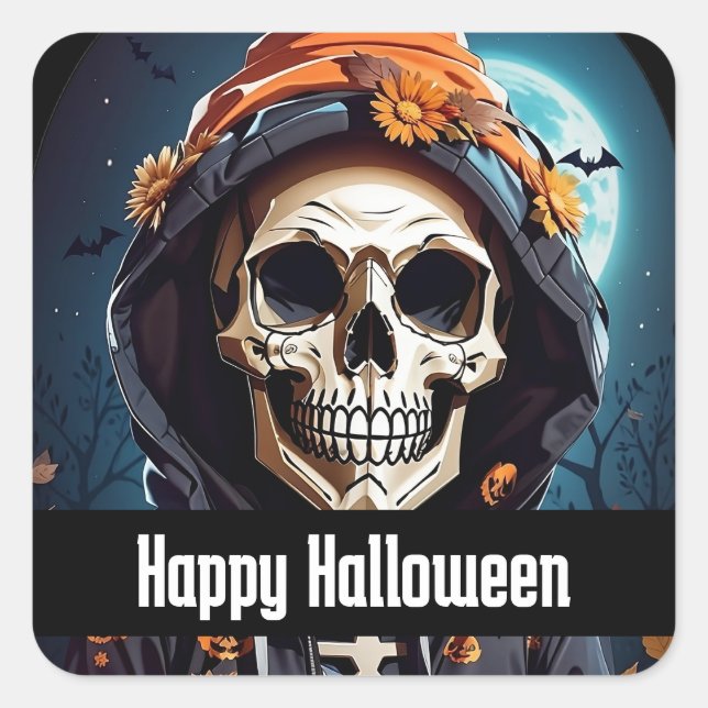 Spooky Skeleton with Evil Pumpkins Halloween Square Sticker (Front)