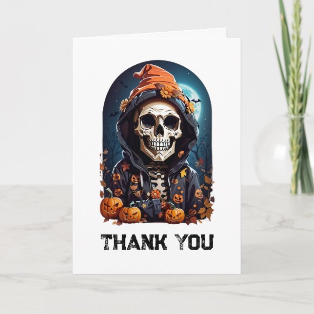 Spooky Skeleton with Evil Pumpkins Letterpress Thank You Card (Front)