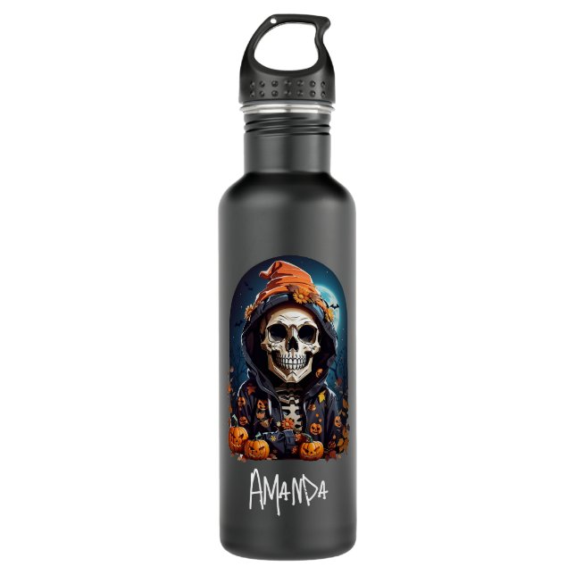 Spooky Skeleton with Evil Pumpkins Stainless Steel Water Bottle (Front)
