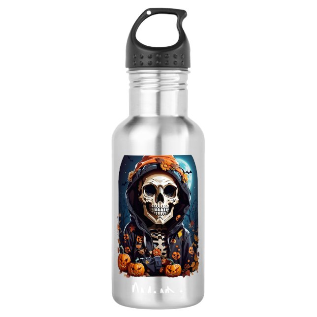 Spooky Skeleton with Evil Pumpkins Stainless Steel Water Bottle (Front)