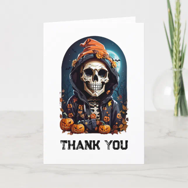 Spooky Skeleton with Evil Pumpkins Thank You Card | Zazzle