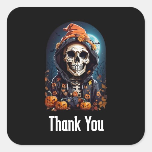Spooky Skeleton with Evil Pumpkins Thank You Square Sticker