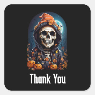 Spooky Skeleton with Evil Pumpkins Thank You Square Sticker