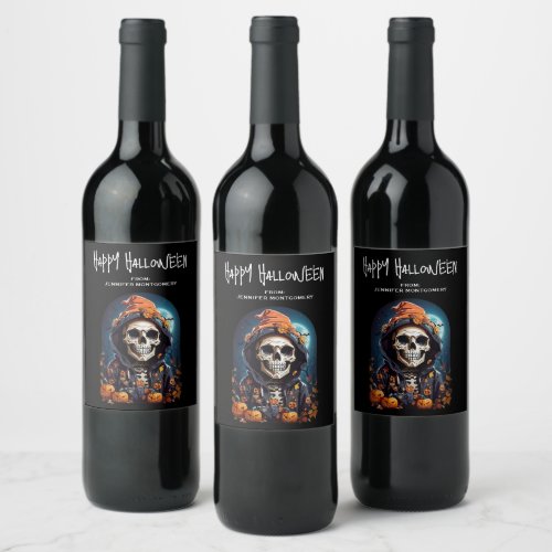 Spooky Skeleton with Evil Pumpkins Wine Label