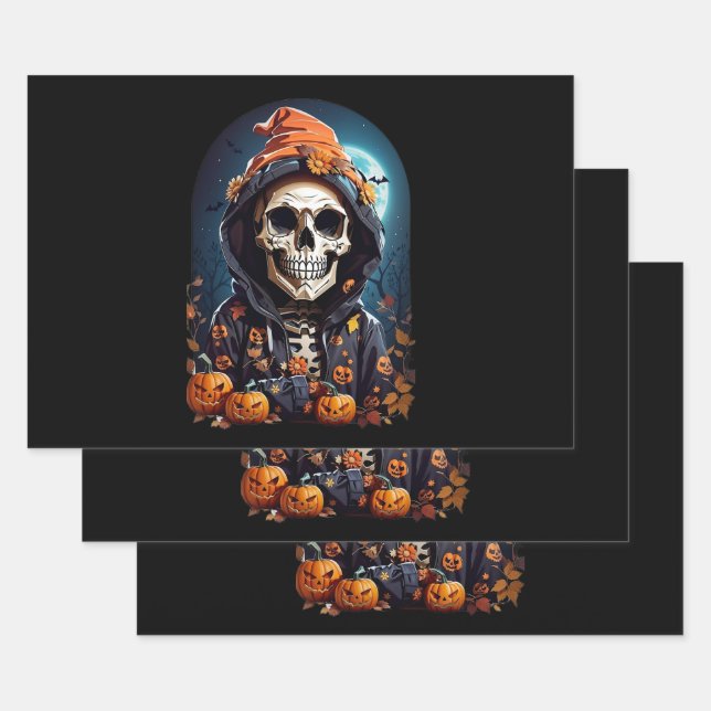 Spooky Skeleton with Evil Pumpkins Wrapping Paper Sheets (Set)