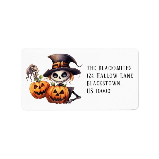 Spooky Skeleton with Pumpkins Halloween Address Label (Front)