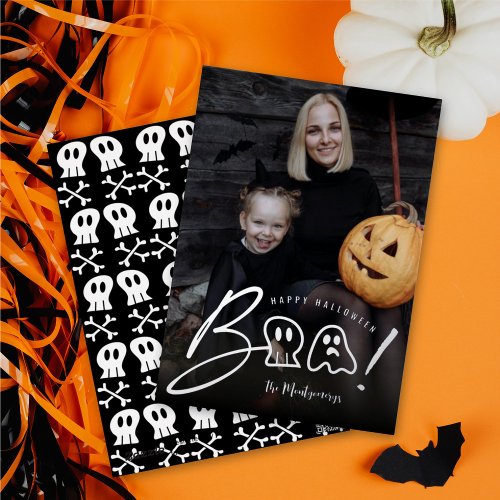 Spooky Skull And Ghost Boo Script Halloween Photo Foil Holiday Card