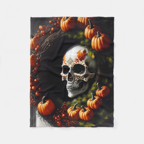 Spooky Skull and Pumpkin Wreath Fleece Blanket