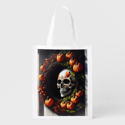 Spooky Skull and Pumpkin Wreath Grocery Bag