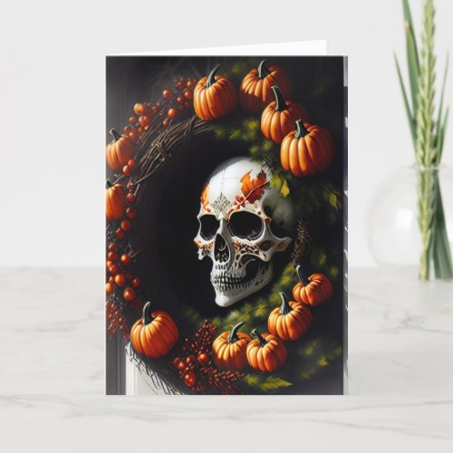 Spooky Skull and Pumpkin Wreath Holiday Card