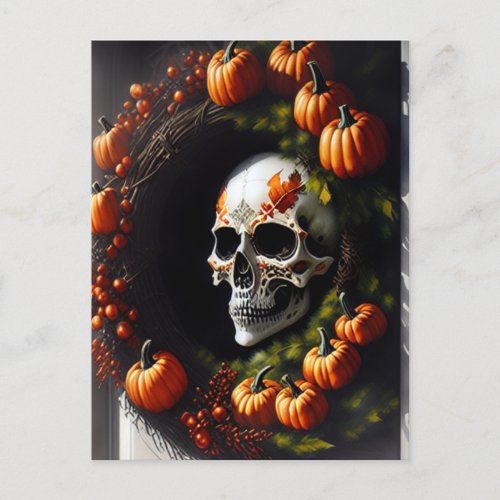 Spooky Skull and Pumpkin Wreath Holiday Postcard