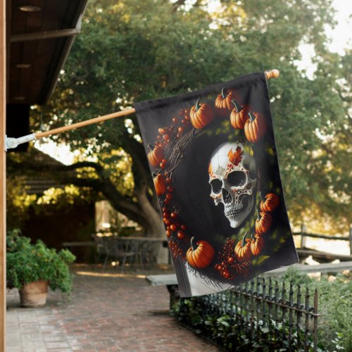 Spooky Skull and Pumpkin Wreath House Flag