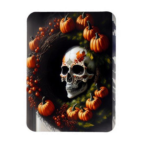 Spooky Skull and Pumpkin Wreath Magnet