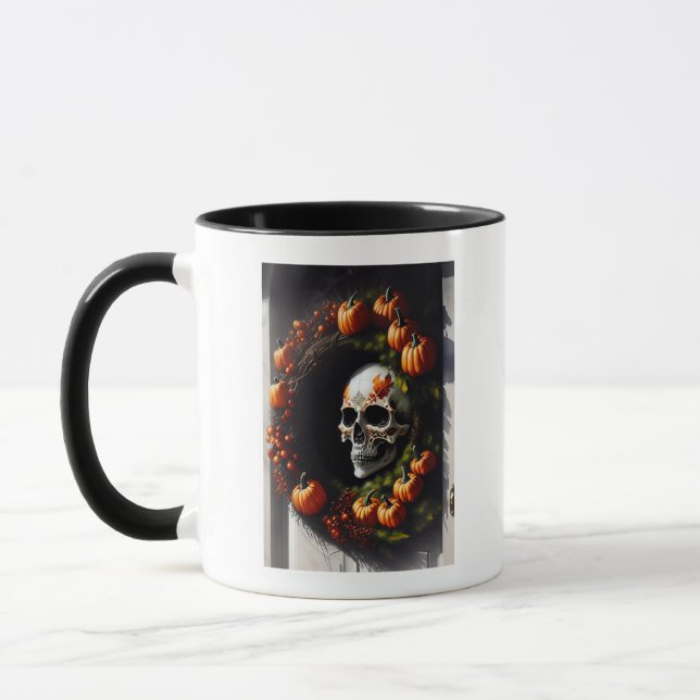 Spooky Skull and Pumpkin Wreath Mug (Left)