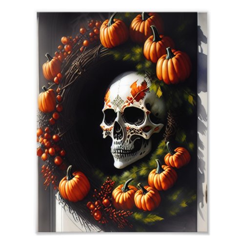 Spooky Skull and Pumpkin Wreath Photo Print