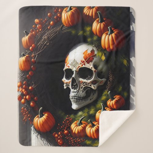 Spooky Skull and Pumpkin Wreath Sherpa Blanket