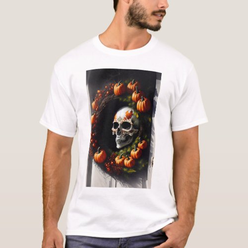 Spooky Skull and Pumpkin Wreath T_Shirt