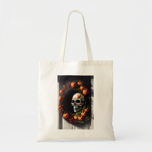 Spooky Skull and Pumpkin Wreath Tote Bag