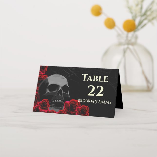 Spooky Skull and Red Roses Gothic Halloween Weddin Place Card (Front)