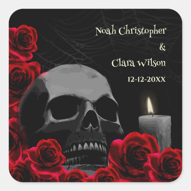 Spooky Skull and Red Roses Gothic Halloween Weddin Square Sticker (Front)