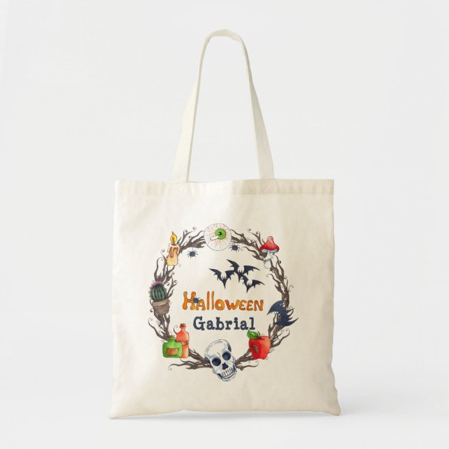 Spooky Skull eyeball Bats Halloween Wreath Candy Tote Bag (Front)