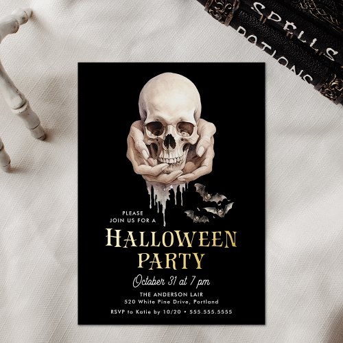 Spooky Skull in Hands Halloween Party Foil Invitation