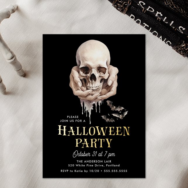 Spooky Skull in Hands Halloween Party Foil Invitation (Creator Uploaded)
