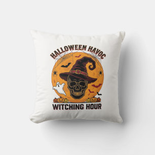 Spooky Skull Moon Vintage Halloween Witch Hat Desi Throw Pillow