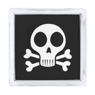 spooky skull on a black background silver finish lapel pin