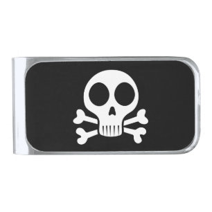 spooky skull on a black background silver finish money clip