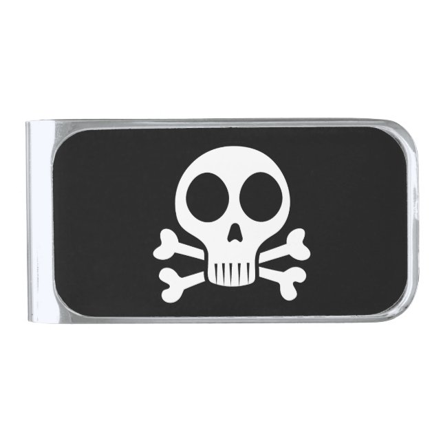 spooky skull on a black background silver finish money clip (Front)