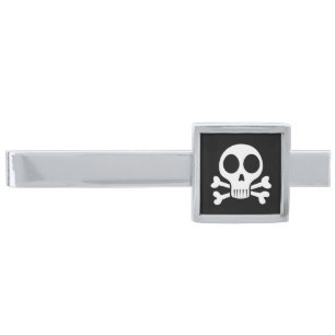 spooky skull on a black background silver finish tie bar