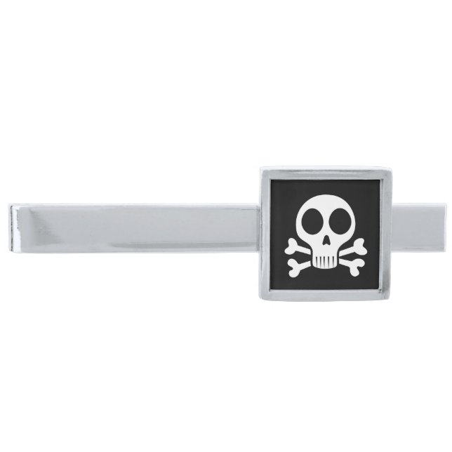 spooky skull on a black background silver finish tie bar (Front)