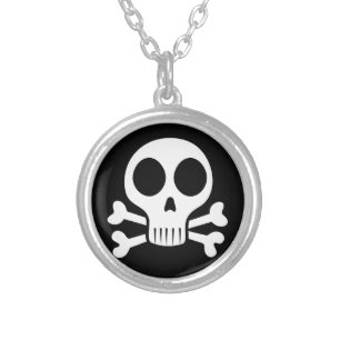 spooky skull on a black background silver plated necklace