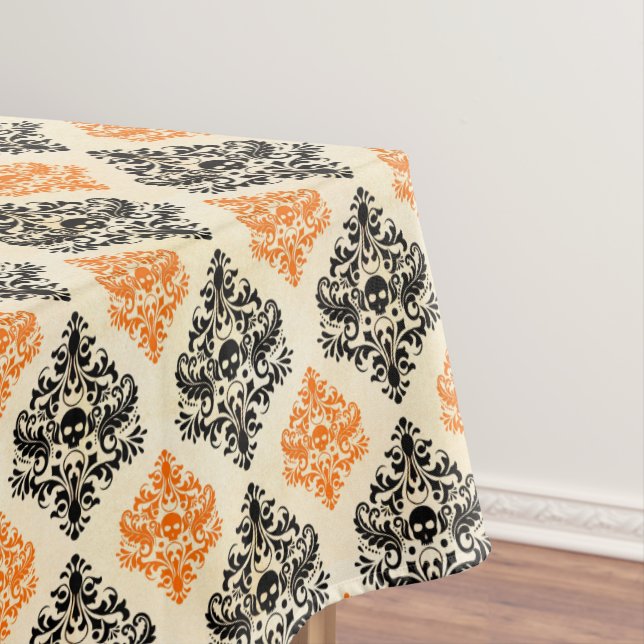 Spooky Skull Pattern Black Orange Gold Halloween Tablecloth (In Situ)