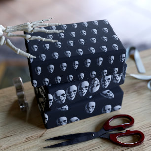 Spooky Skull Pattern Black Wrapping Paper Sheets