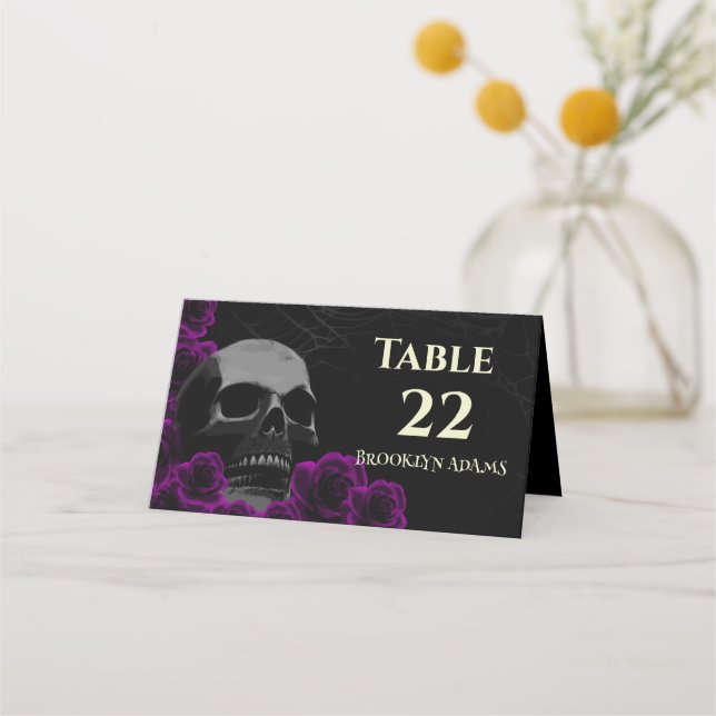 Spooky Skull Purple Roses Gothic Halloween Weddin Place Card (Front)
