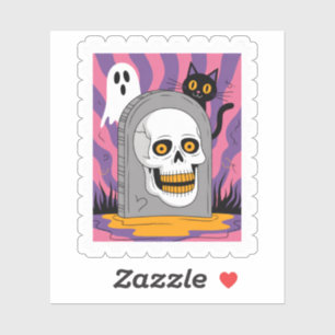 Spooky Skull Tombstone Halloween Postage Stamp Sticker