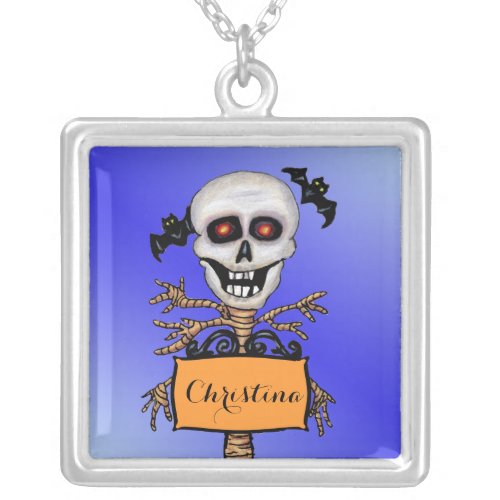 Spooky Skull Tree With Brancha arms Orange Sign Silver Plated Necklace