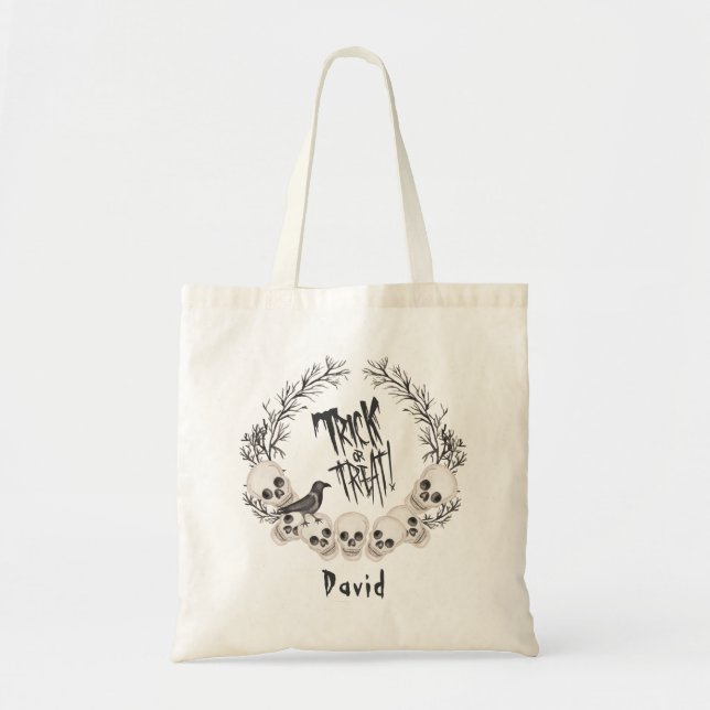 Spooky Skull Wreath Raven Trick or Treat Tote Bag (Front)
